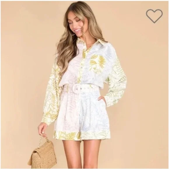 NWT Aura Red Dress Floral Euro Summer Linen Blend High Waisted Belted Shorts - Picture 2 of 9